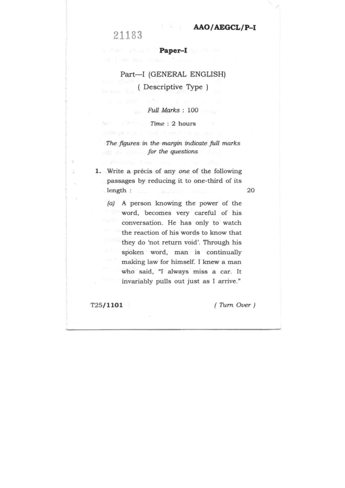 21183 (GENERAL ENGLISH) Descriptive Type Exam Paper - Full Marks: 100 ...