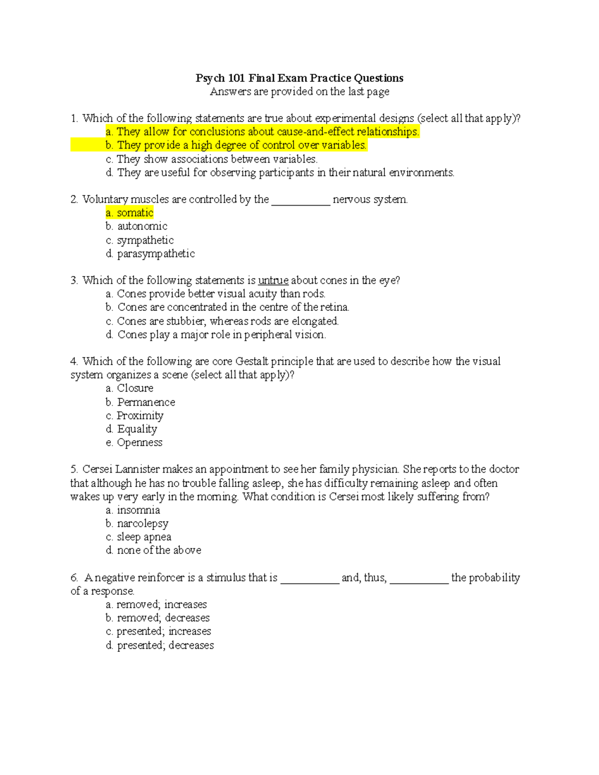Psych 101 Final Exam Practice Questions with Answers - Studocu