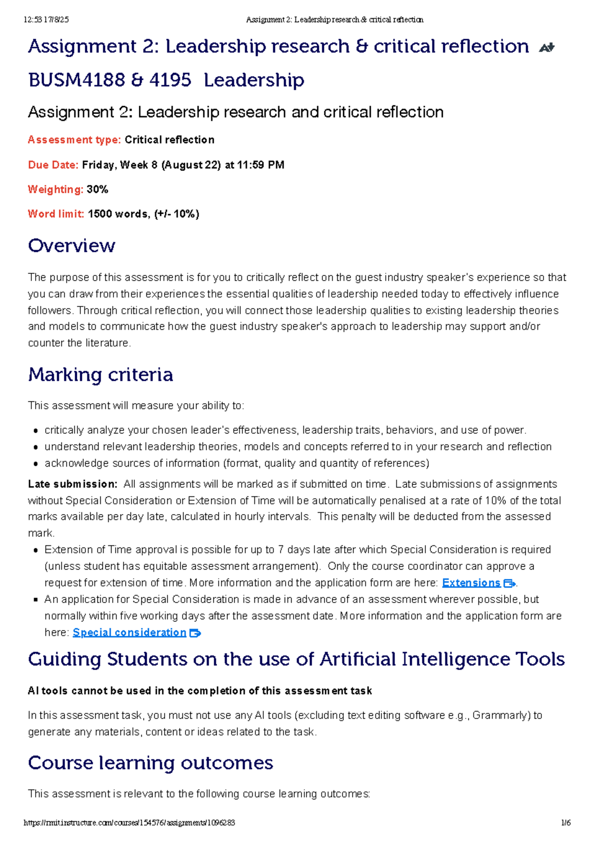 BUSM4188 Assignment 2: Critical Reflection on Leadership Research - Studocu