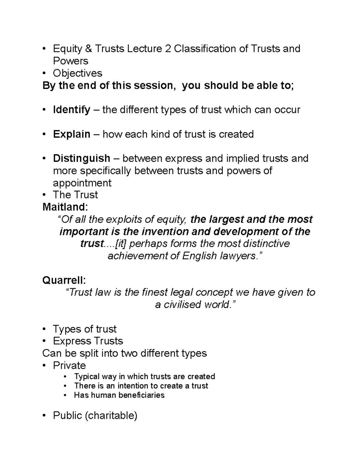 Equity Lecture 2 with notes - • Equity & Trusts Lecture 2 ...