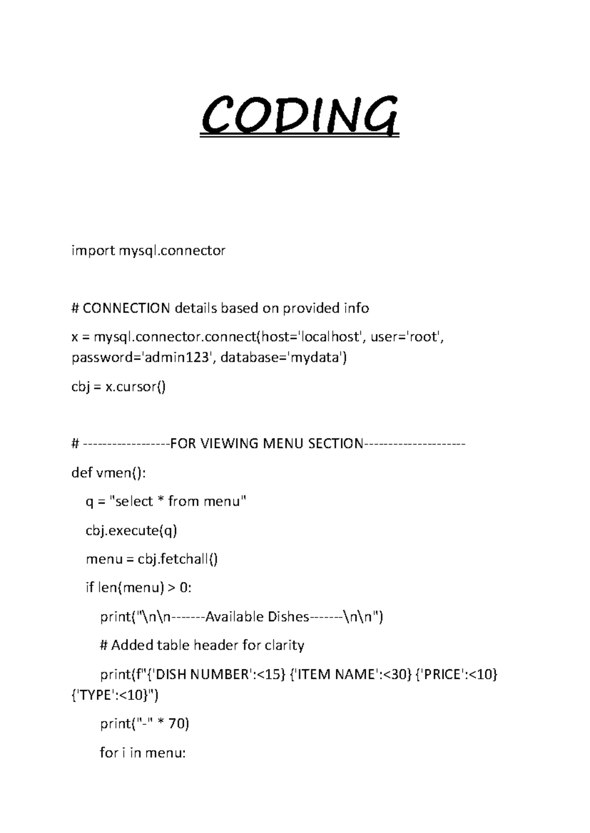 Final Exam Coding Notes - MySQL Connection & Menu Handling (CODING ...