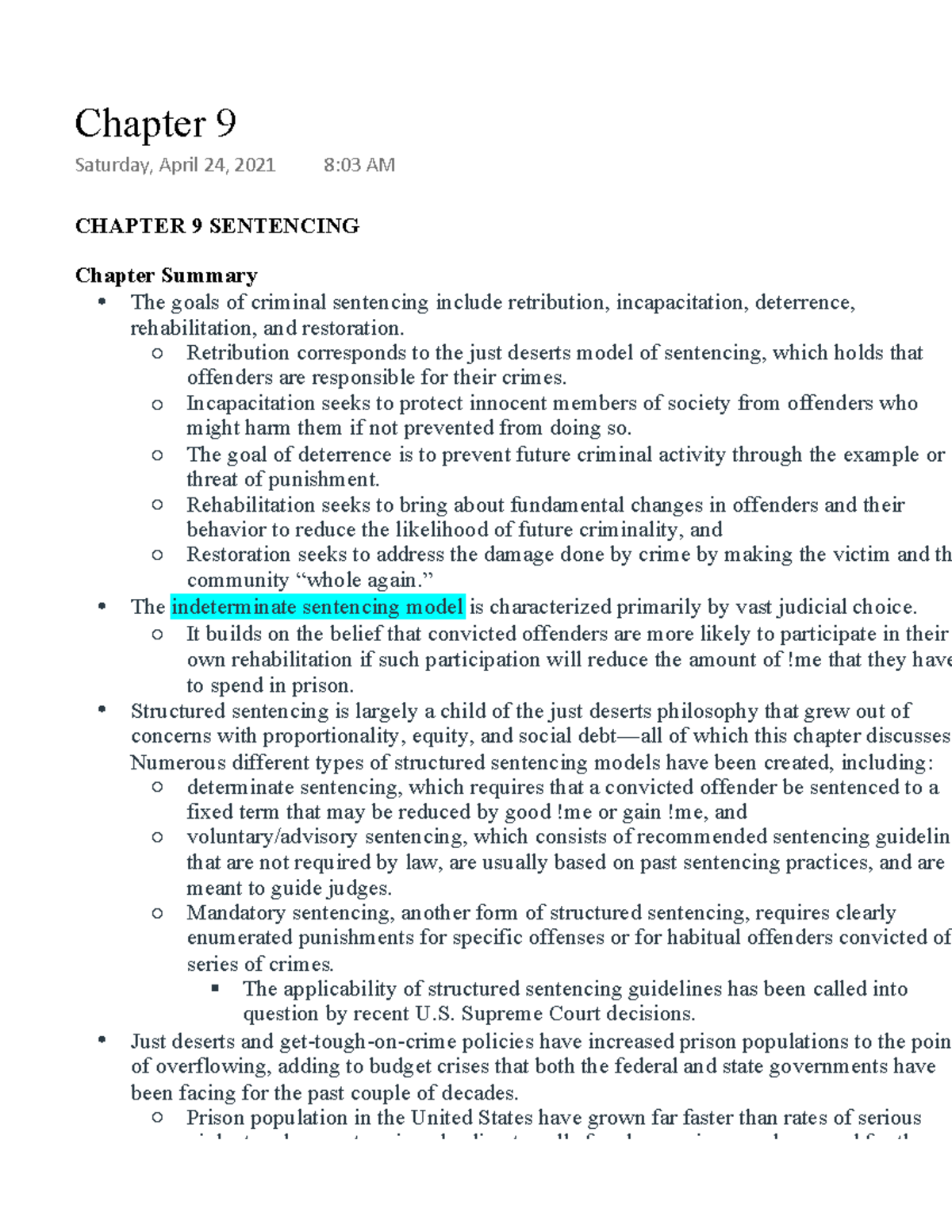 Chapter 9 - Lecture notes 9 - CHAPTER 9 SENTENCING Chapter Summary The ...