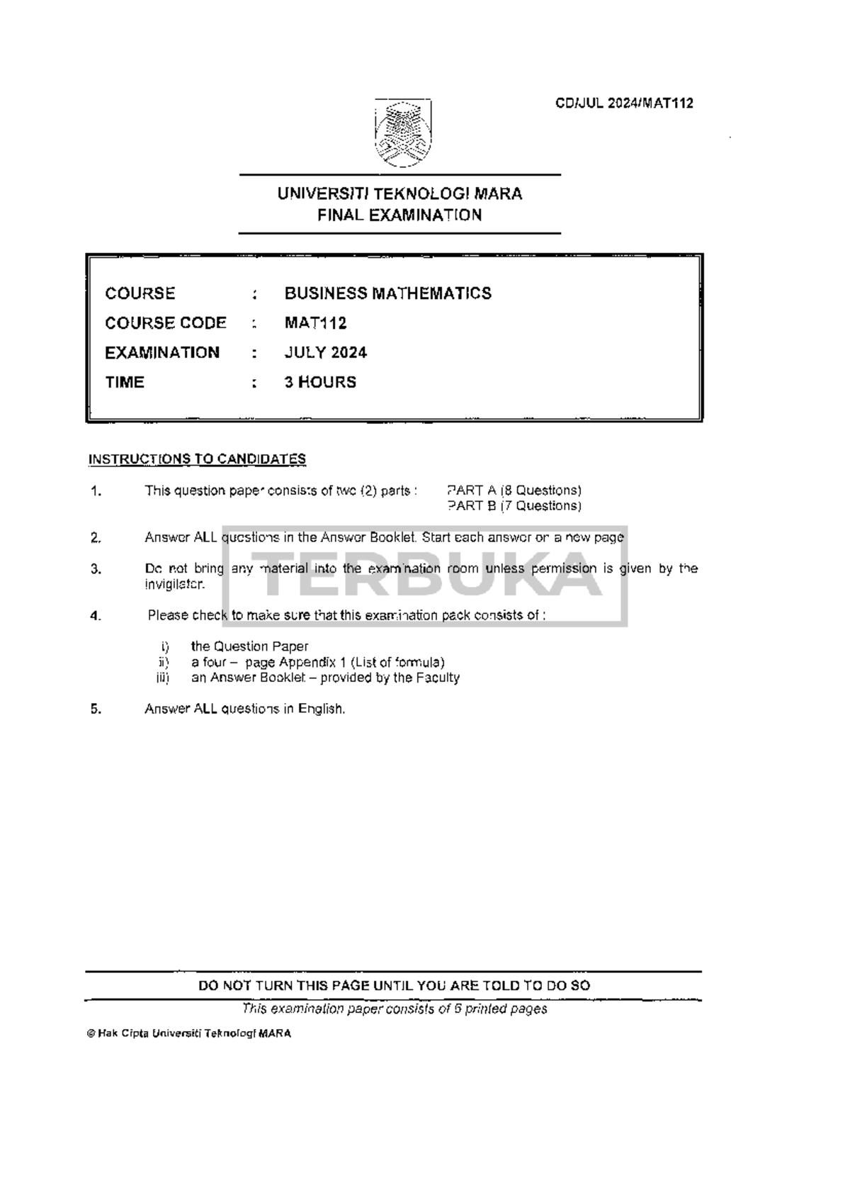 MAT112 Final Exam Paper: Business Mathematics July 2024 - Studocu