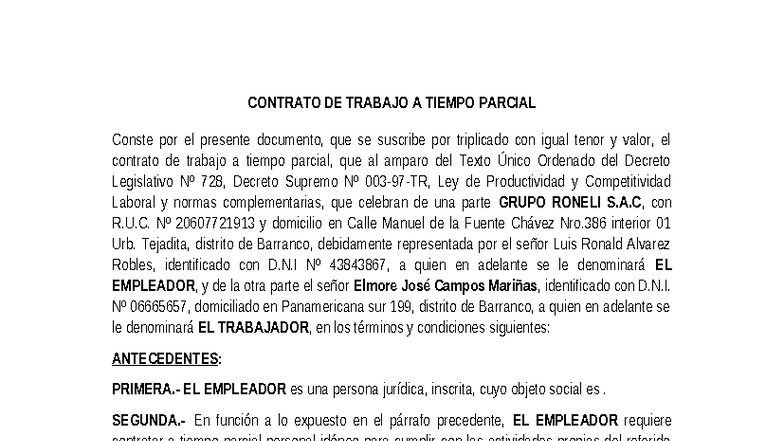 Contrato de Trabajo a Tiempo Parcial - Grupo Roneli S.A.C. - Studocu
