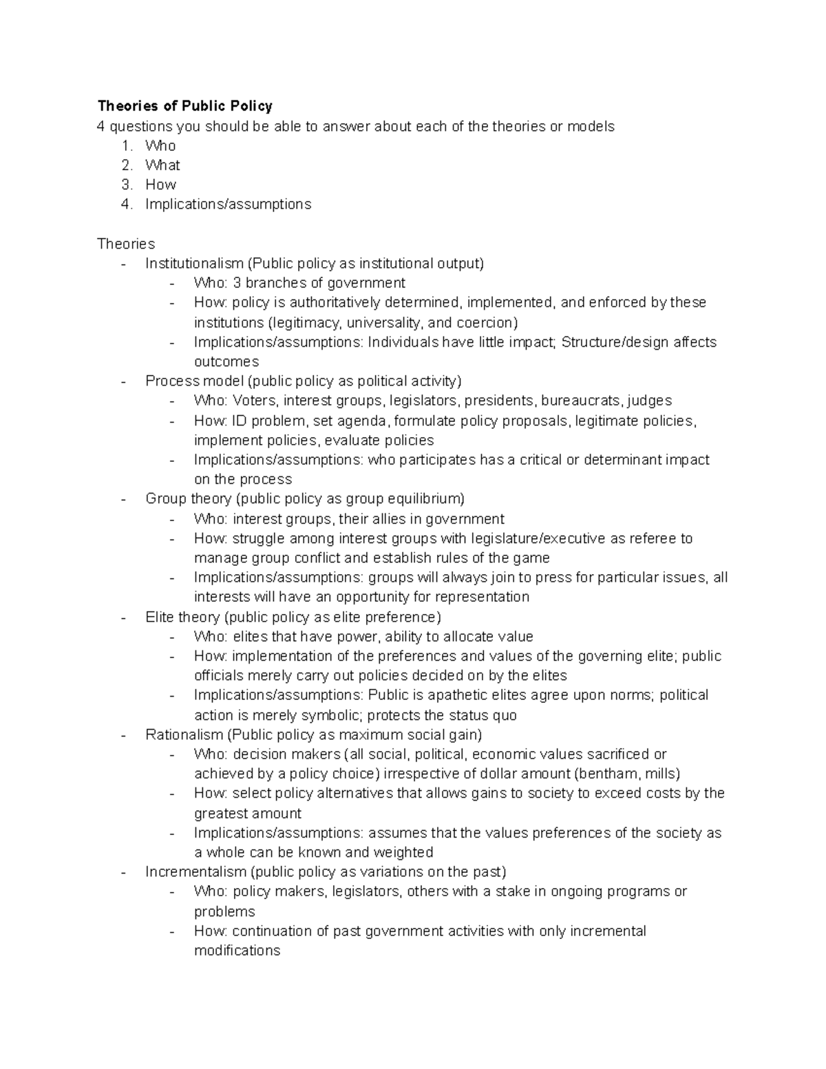 Pol S 271 Midterm Study Guide: Theories and Concepts in Public Policy ...