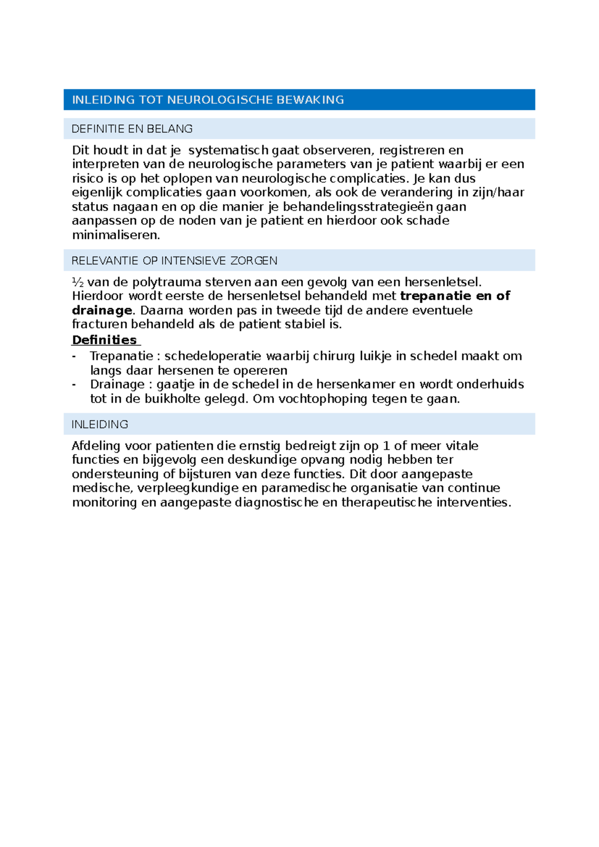 Intensieve Zorgen Samenvatting: Neurologische Bewaking en Complicaties ...