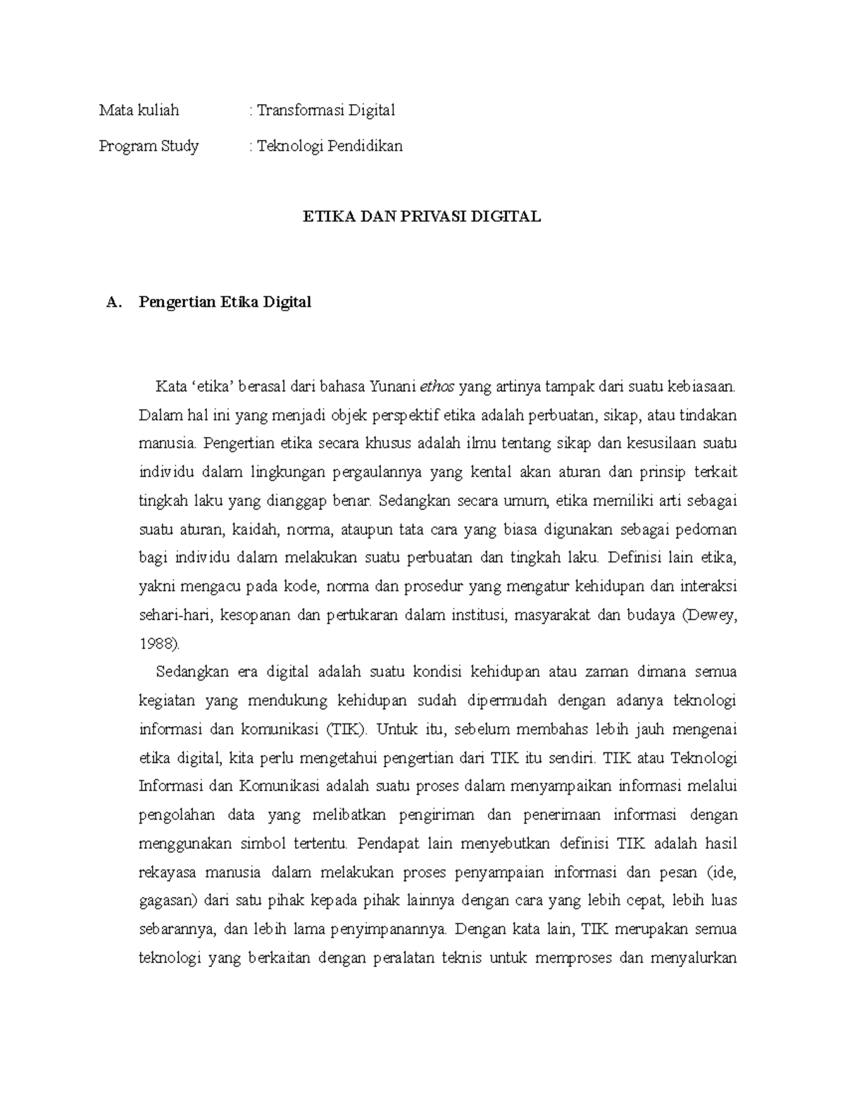 Etika dan Privasi Digital dalam Transformasi Digital (T.K. 2023) - Studocu