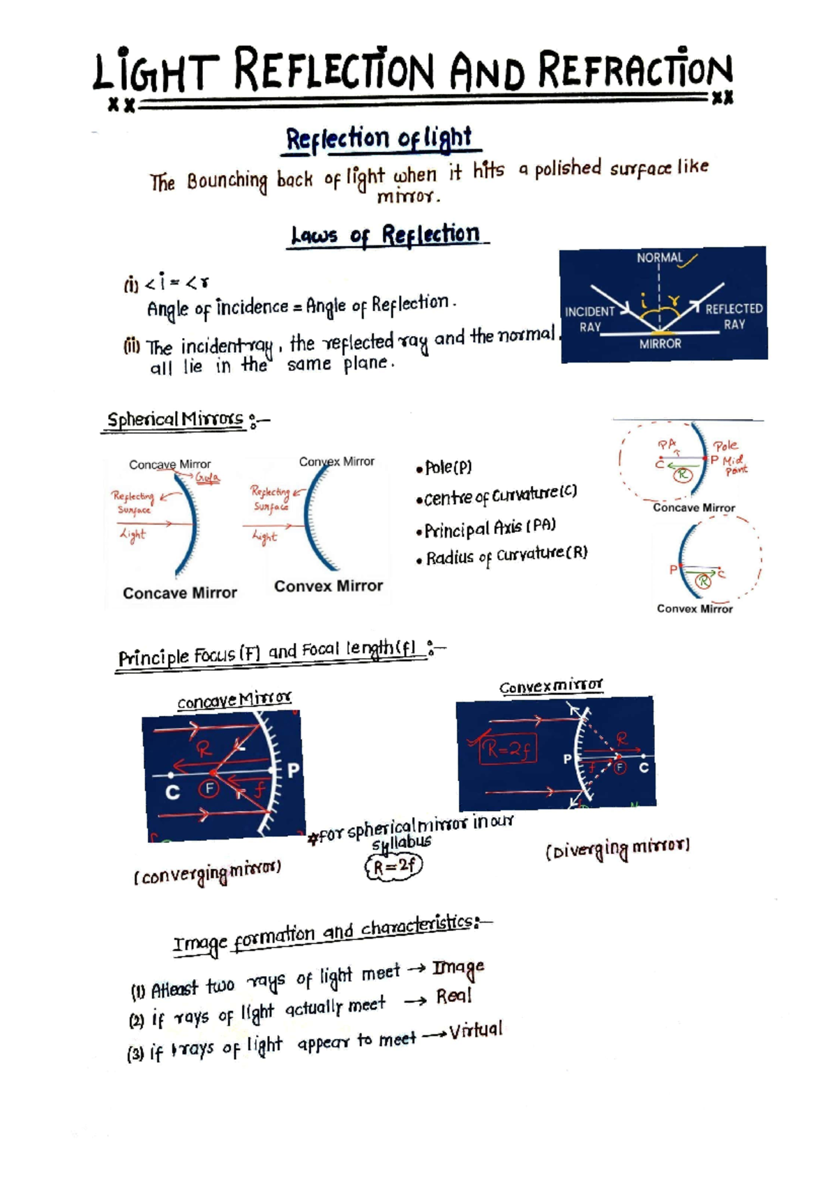 Light Reflection and Refraction handwritten notes - LIGHT REFLECTION ...