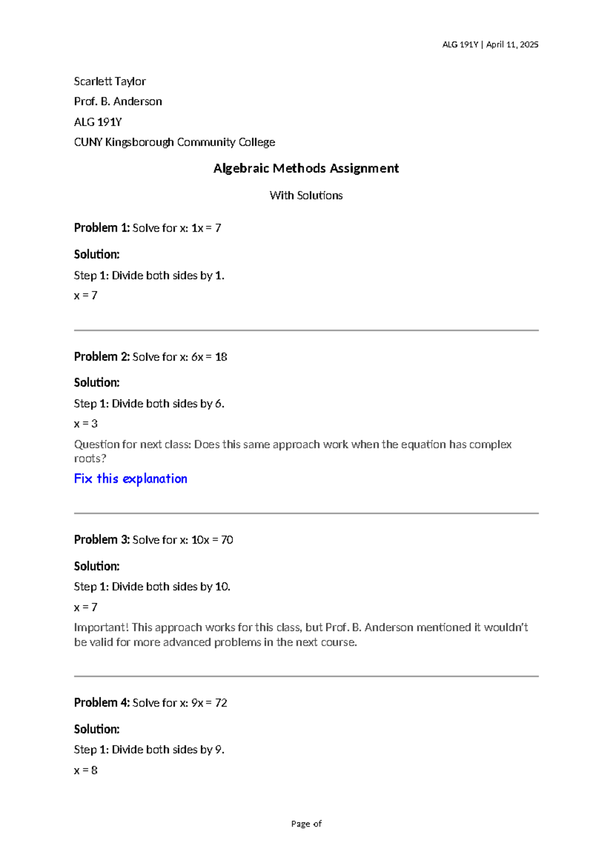 ALG 191Y Algebraic Methods Assignment Solutions - April 2025 - Studocu