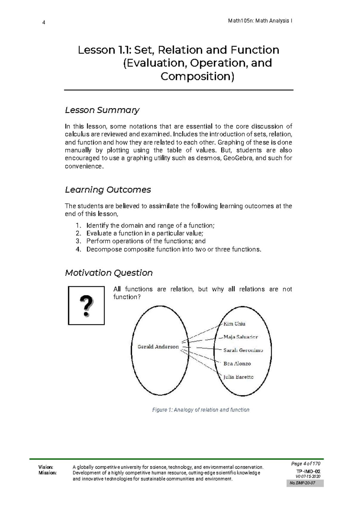 Math105n: Math Analysis I - Lesson 1.1 Summary on Sets, Relations, and ...