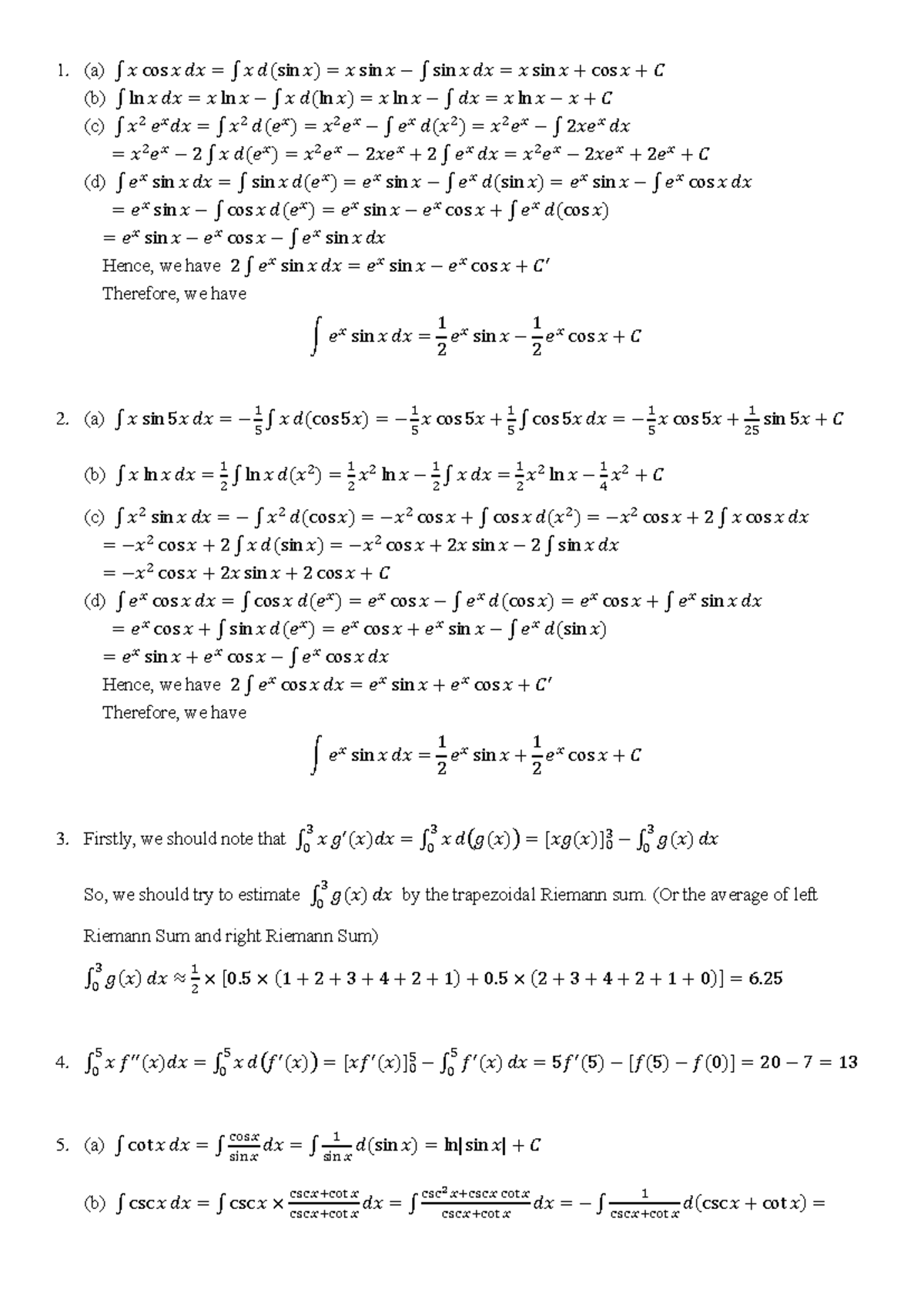 Sol MATH1014W2 - Tutorial Solutions with Integral Calculations - Studocu