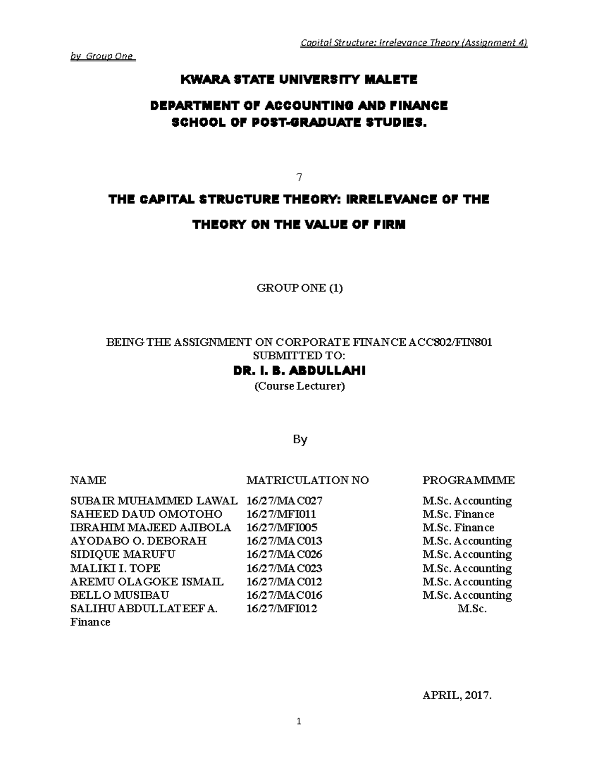 Capital Structure Theory: Irrelevance Theory Analysis - ACC802/FIN Grp1 ...