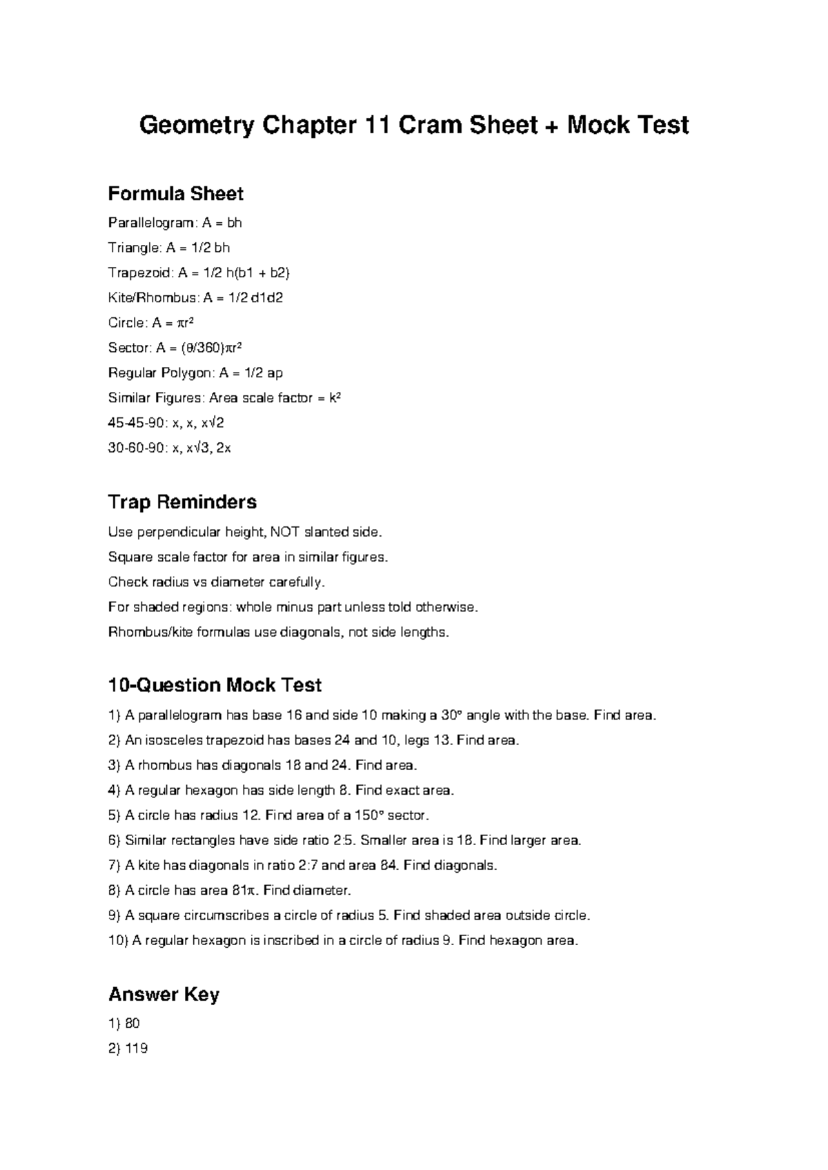 Geometry Chapter 11 Mock Test Cram Sheet & Formula Guide - Studocu