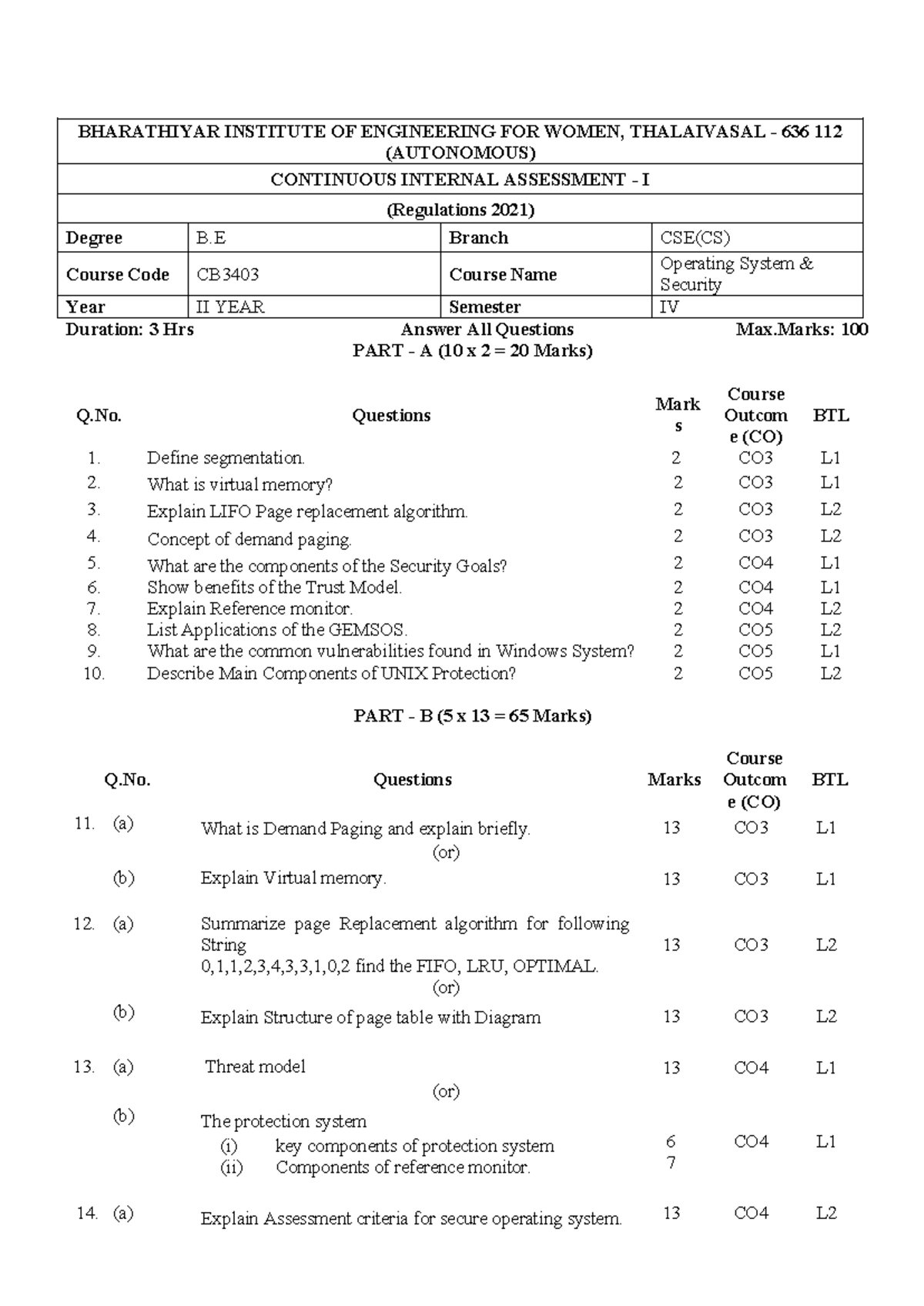CSE CB3403 Operating System Security - Continuous Internal Assessment I ...