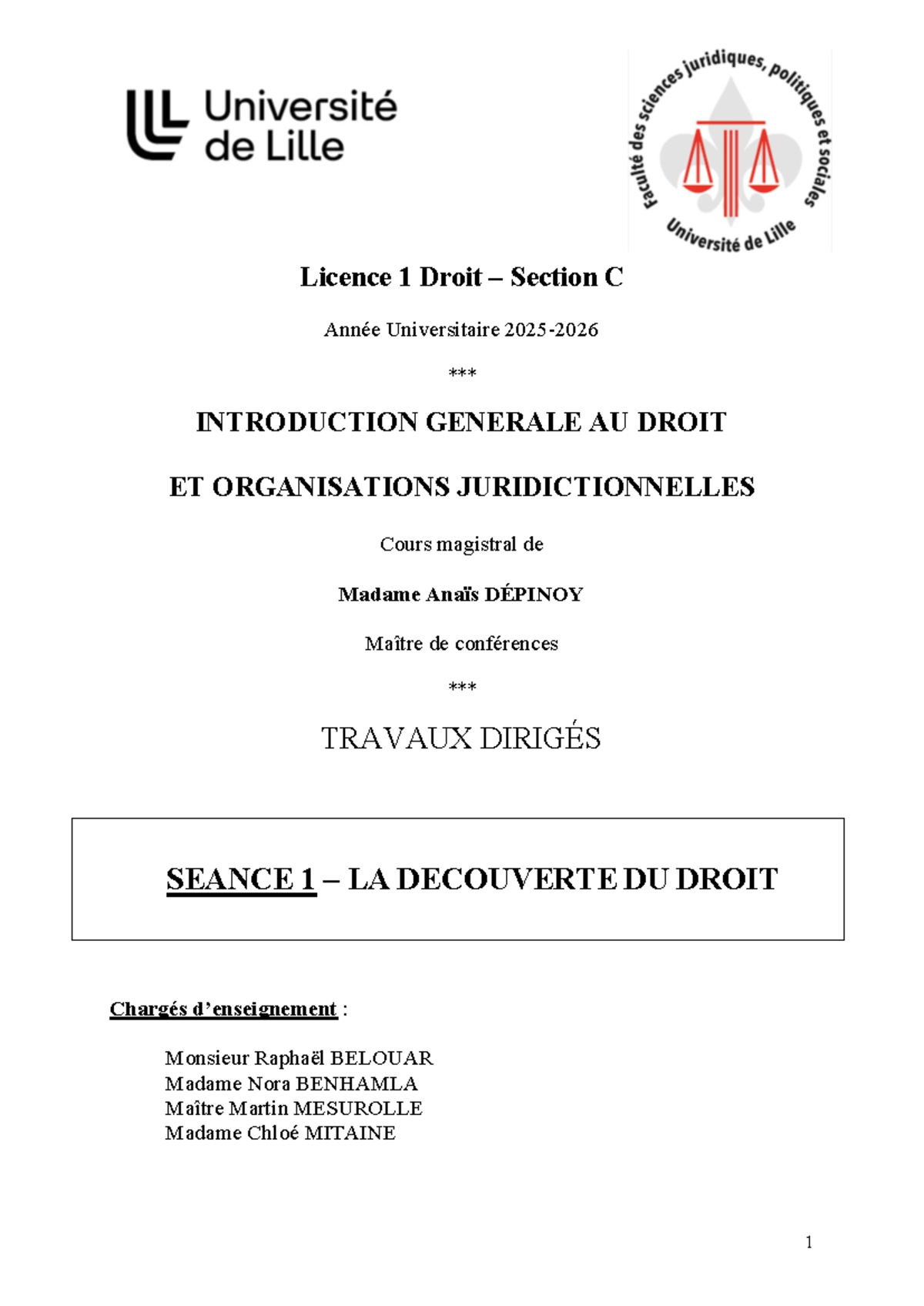 Licence 1 Droit Section C - Séance 1 : La Découverte du Droit 2025-2026 ...