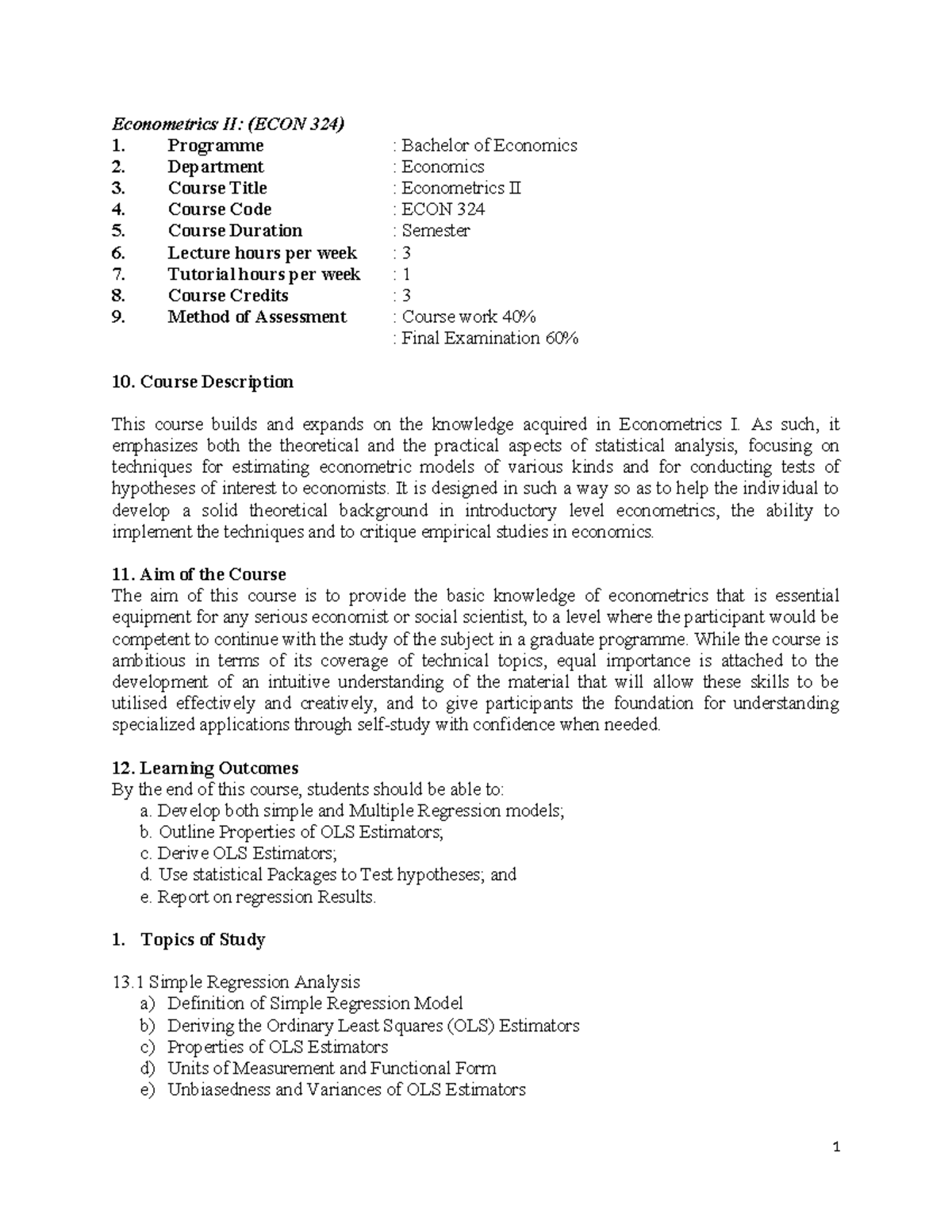Econometrics II - Final Exam Study Notes (ECON 324) - Studocu