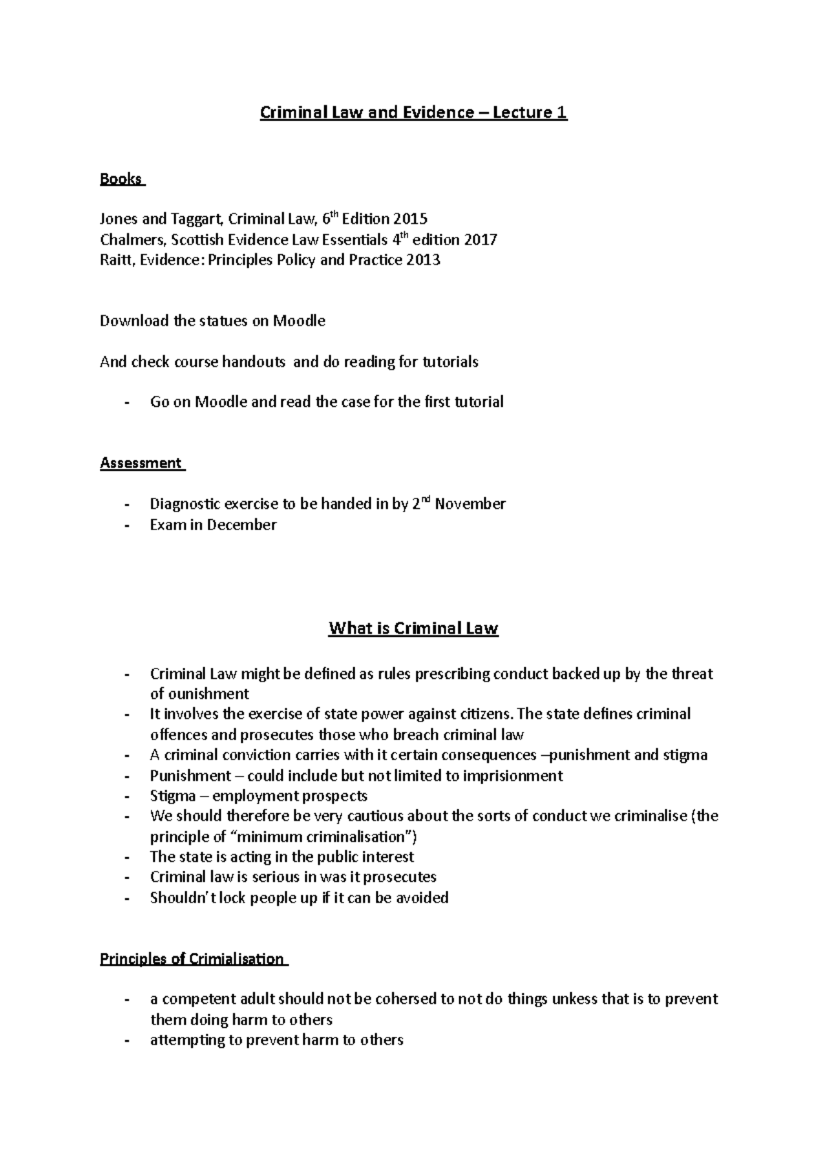 Criminal Law and Evidence – Lecture 1 Overview and Key Concepts - Studocu