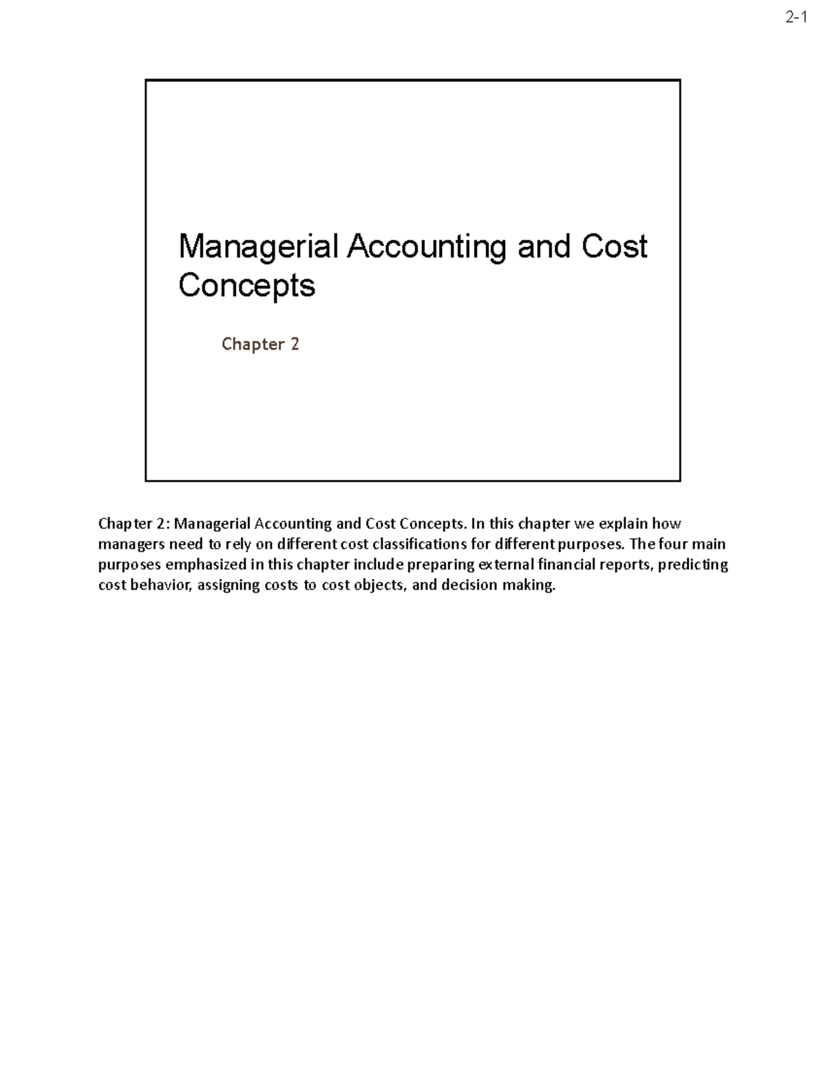Managerial Accounting & Cost Concepts (Ch 2) Overview - Studocu