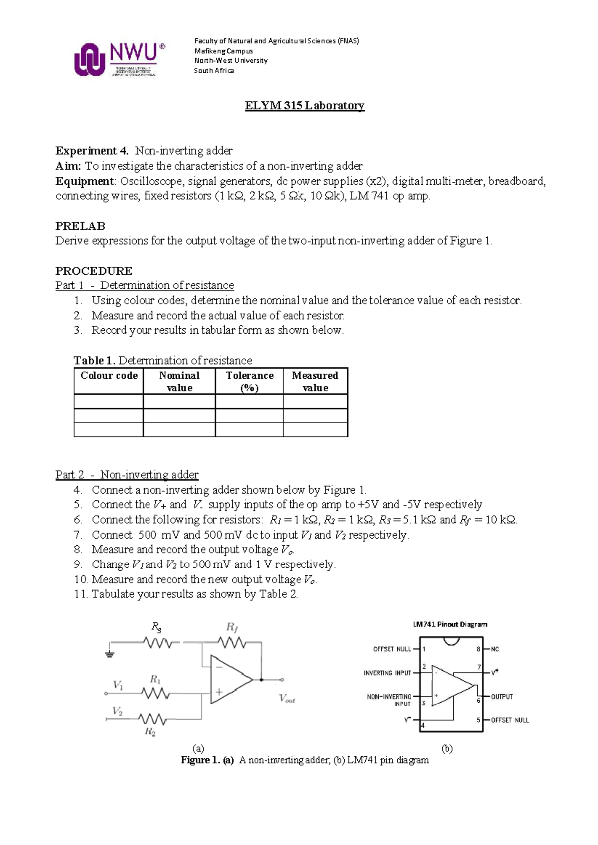 ELYM 315 Laboratory Experiment 4: Non-Inverting Adder Analysis - Studocu