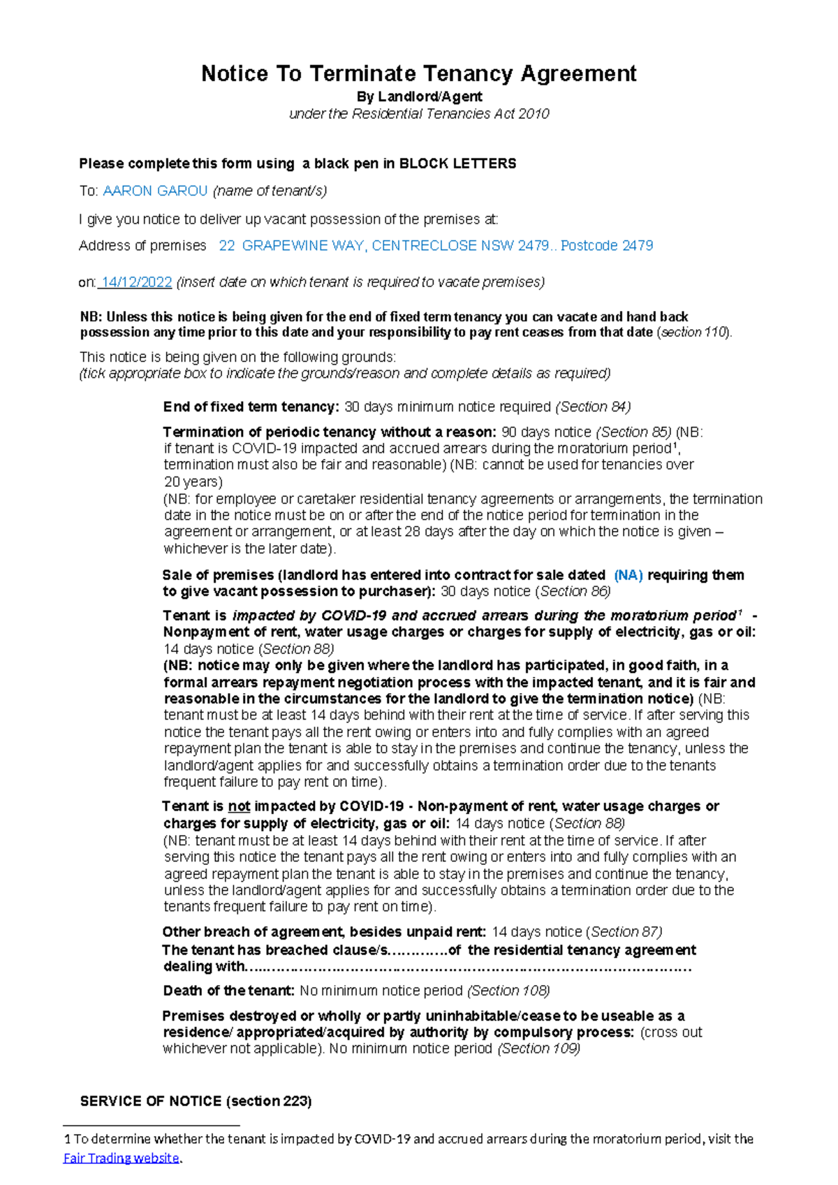 3-4124 - Tenancy Termination Notice Under Residential Tenancies Act ...