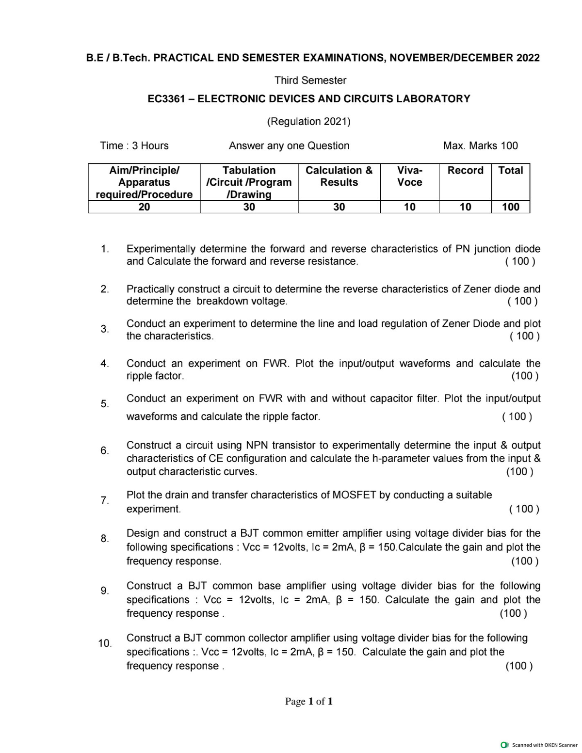 EC3361 Third Sem B.E/B.Tech Practical Exam: Electronic Devices Lab ...