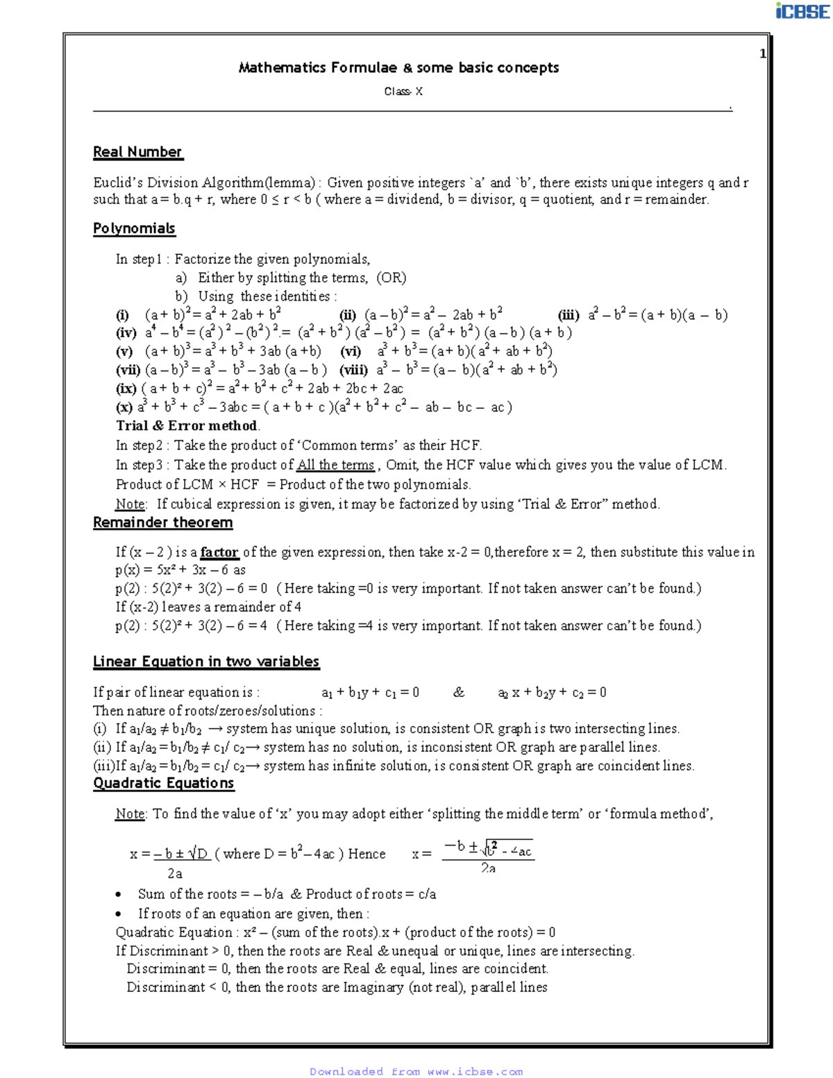 Maths formulae class x - formula - . 1 Real Number Euclid’s Division ...