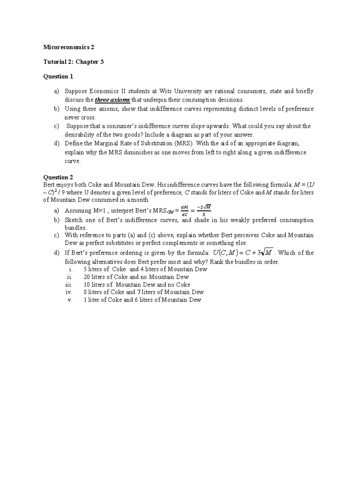 Microeconomics II Tutorial 2: Chapter 3 Analysis and Questions - Studocu