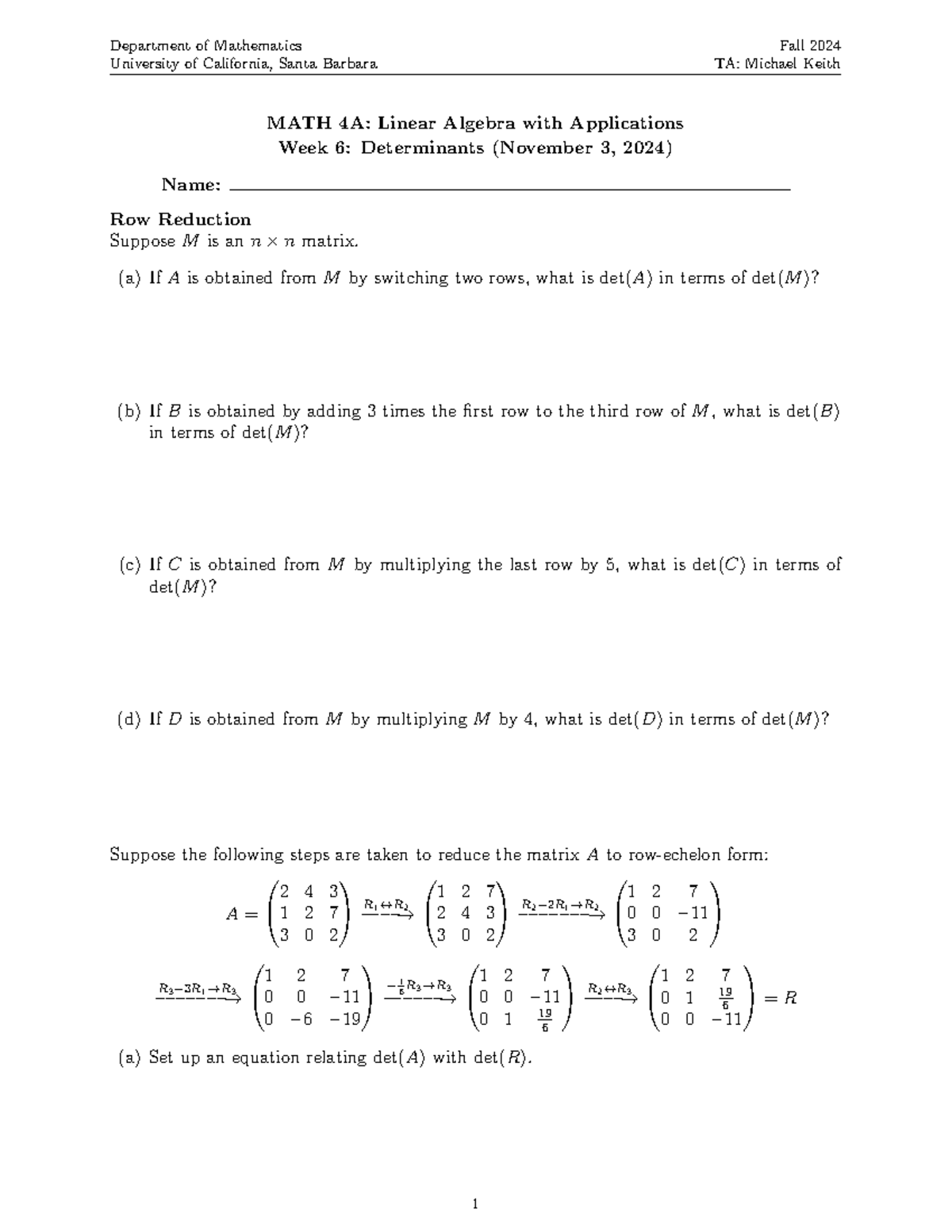 Week 6 Worksheet - MATH 4A: Linear Algebra with Applications - Studocu