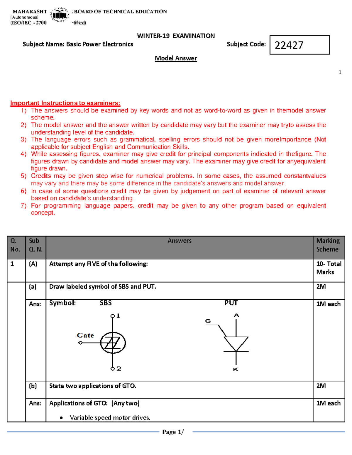 Model Answer for 22427 Subject Code: Basic Power Electronics - Winter ...