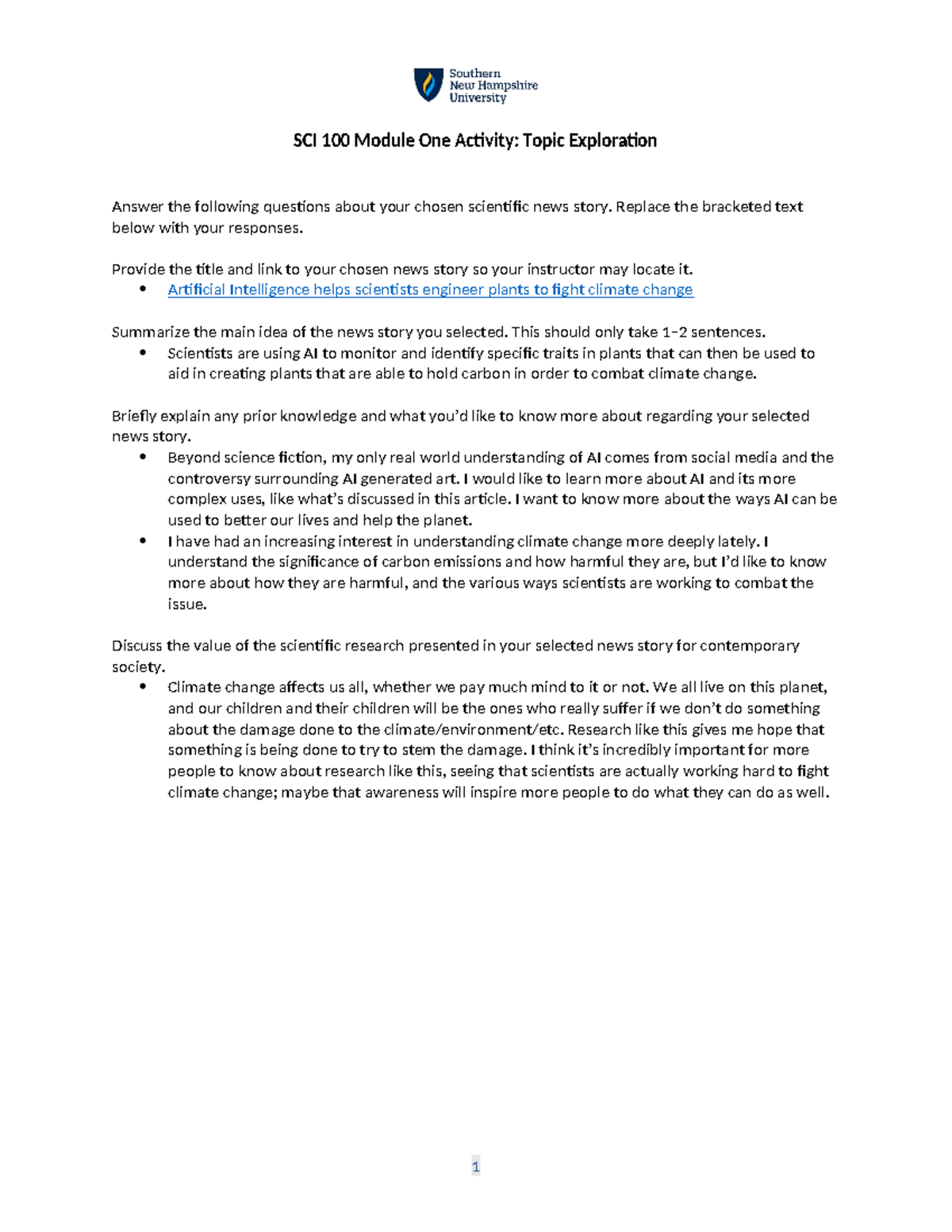 Module 1 Activity Sci 100 Module One Activity Topic Exploration