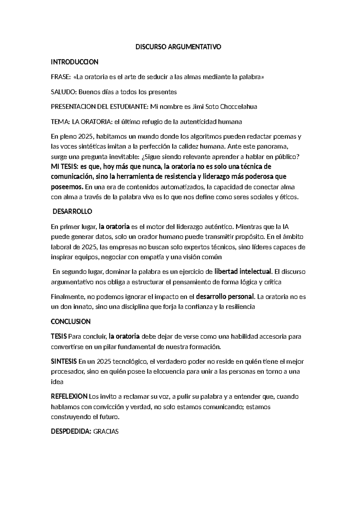 Discurso Argumentativo sobre la Oratoria en 2025 - COMU - Studocu