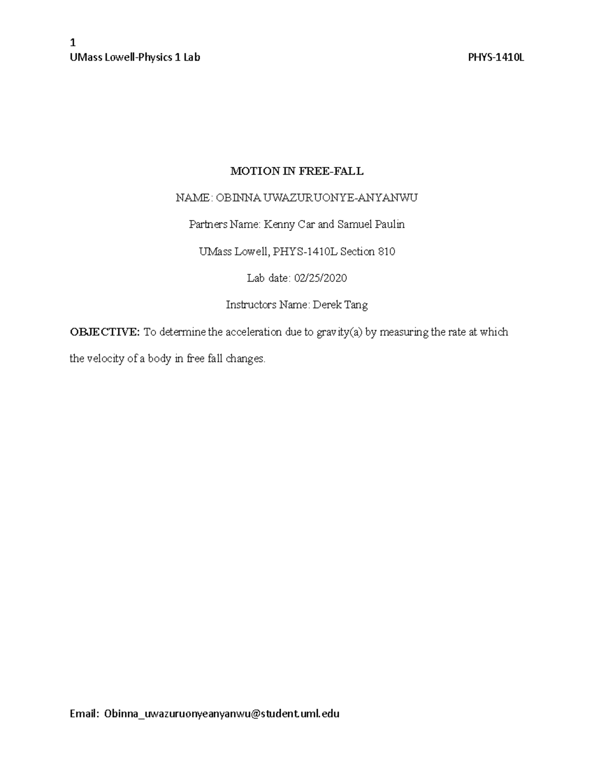 Physics Lab 2 - PHYS-1410L: Motion in Free-Fall Experiment Analysis ...