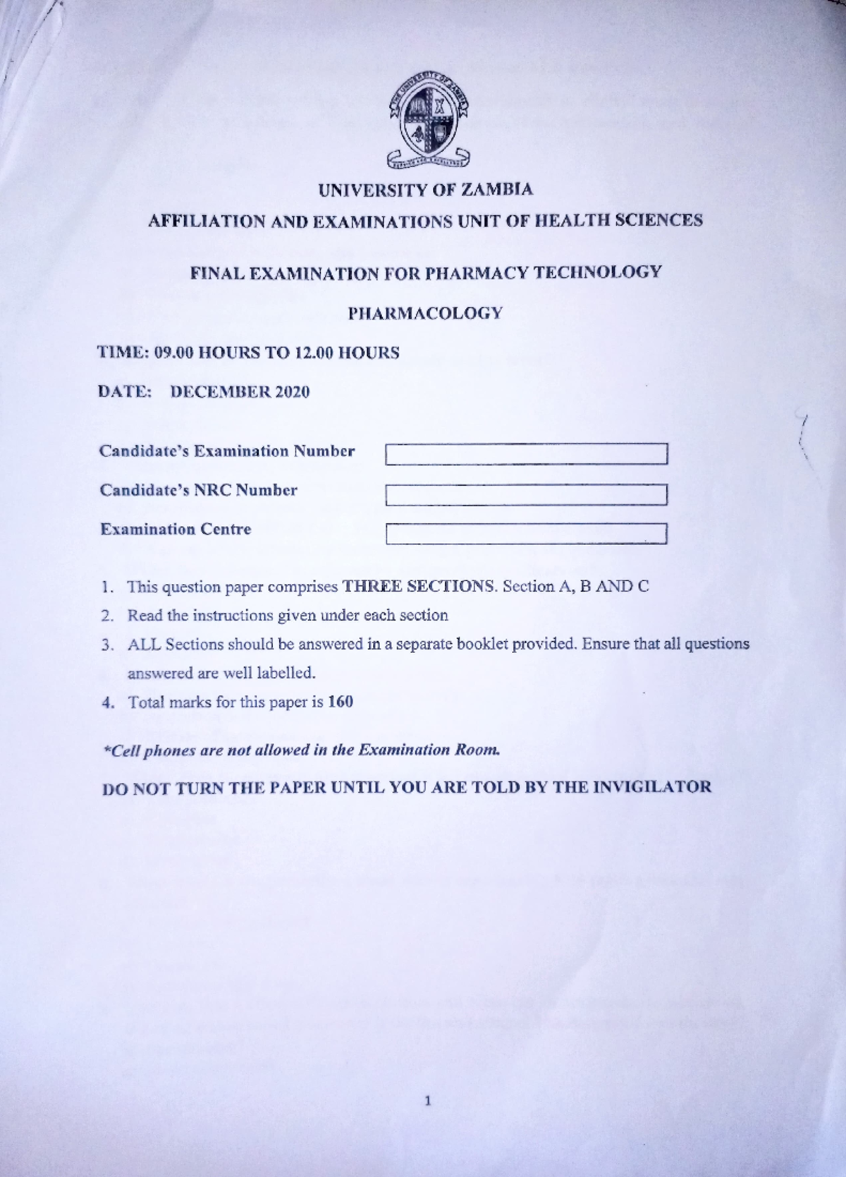 Pharmacology 2020 Final Examination Paper for Pharmacy Technology - Studocu