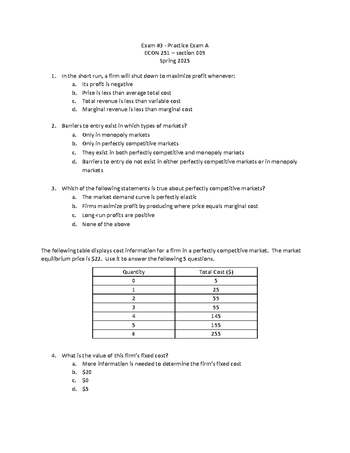 Practice Exam A for ECON 251 Section 009 - Spring 2025 - Studocu
