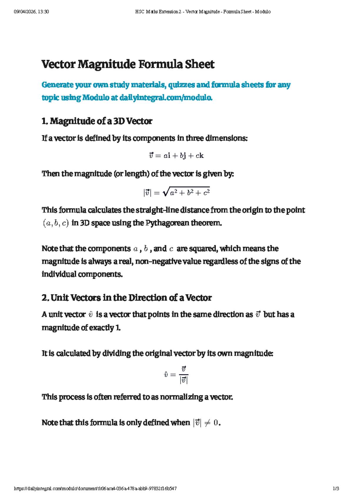 HSC Maths Extension 2 Vector Magnitude Formula Sheet - Modulo - Studocu