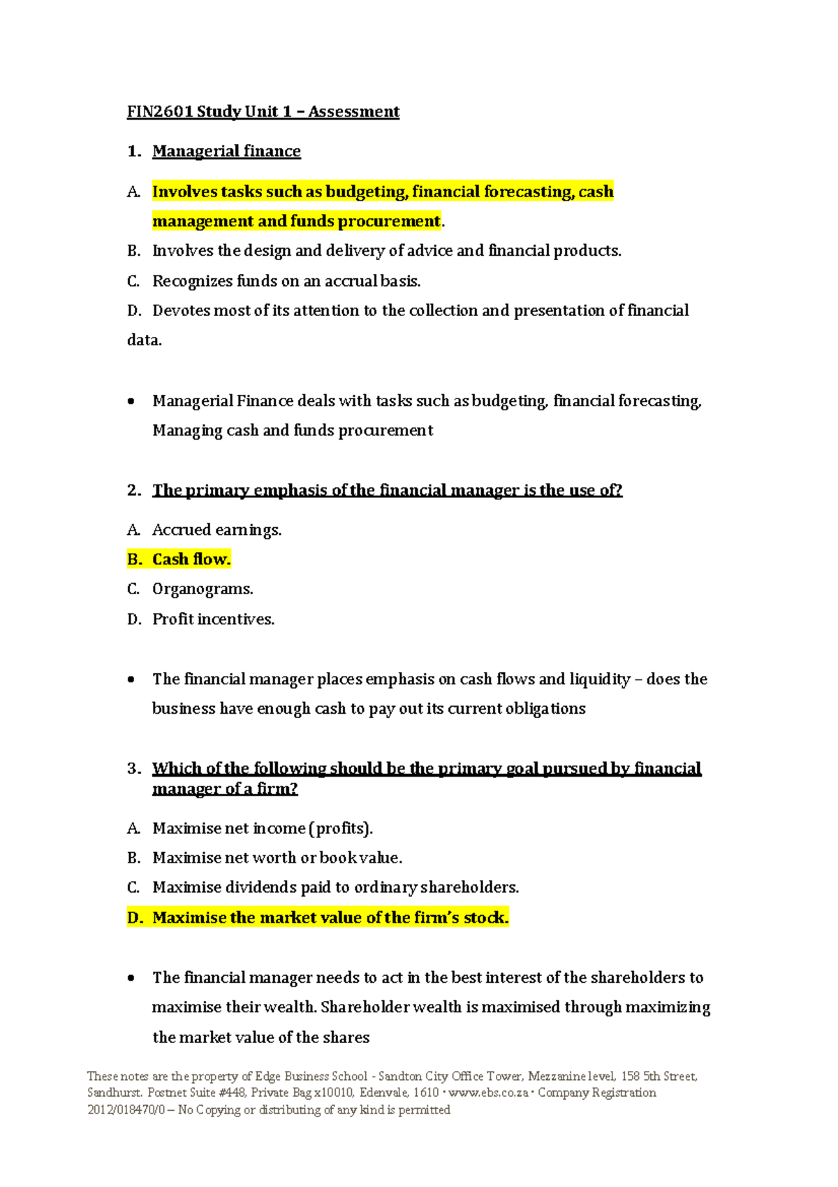 Financial Management (FIN2601) - Workbook Assessment Solutions - These ...