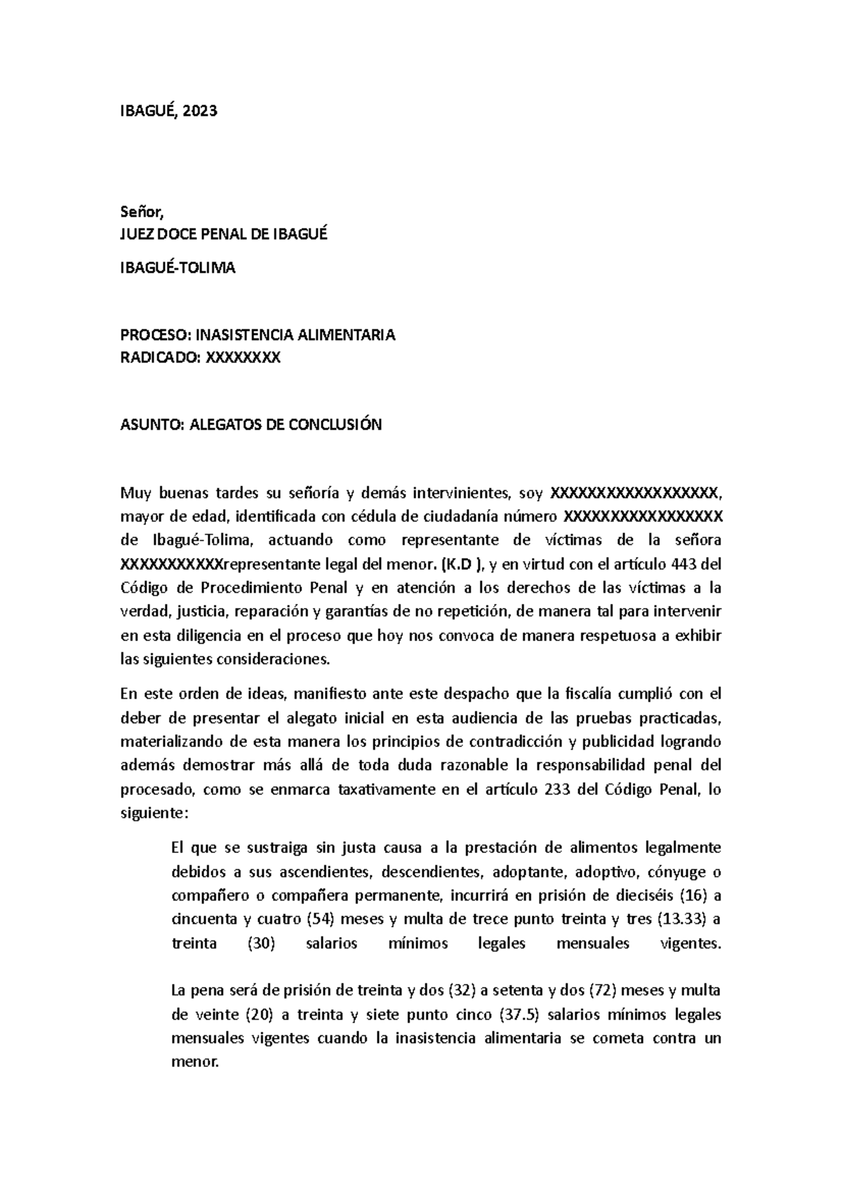 Alegatos de Conclusión en Proceso de Inasistencia Alimentaria - Document Preview