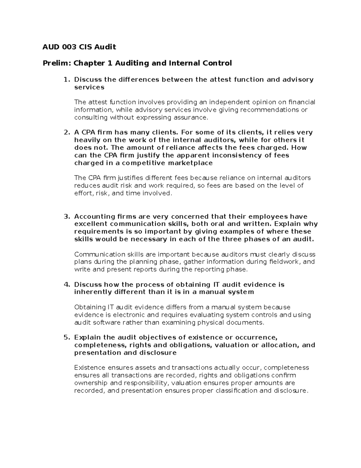 AUD 003 CIS Audit: Chapter 1 & 9 Review on Auditing Concepts - Studocu