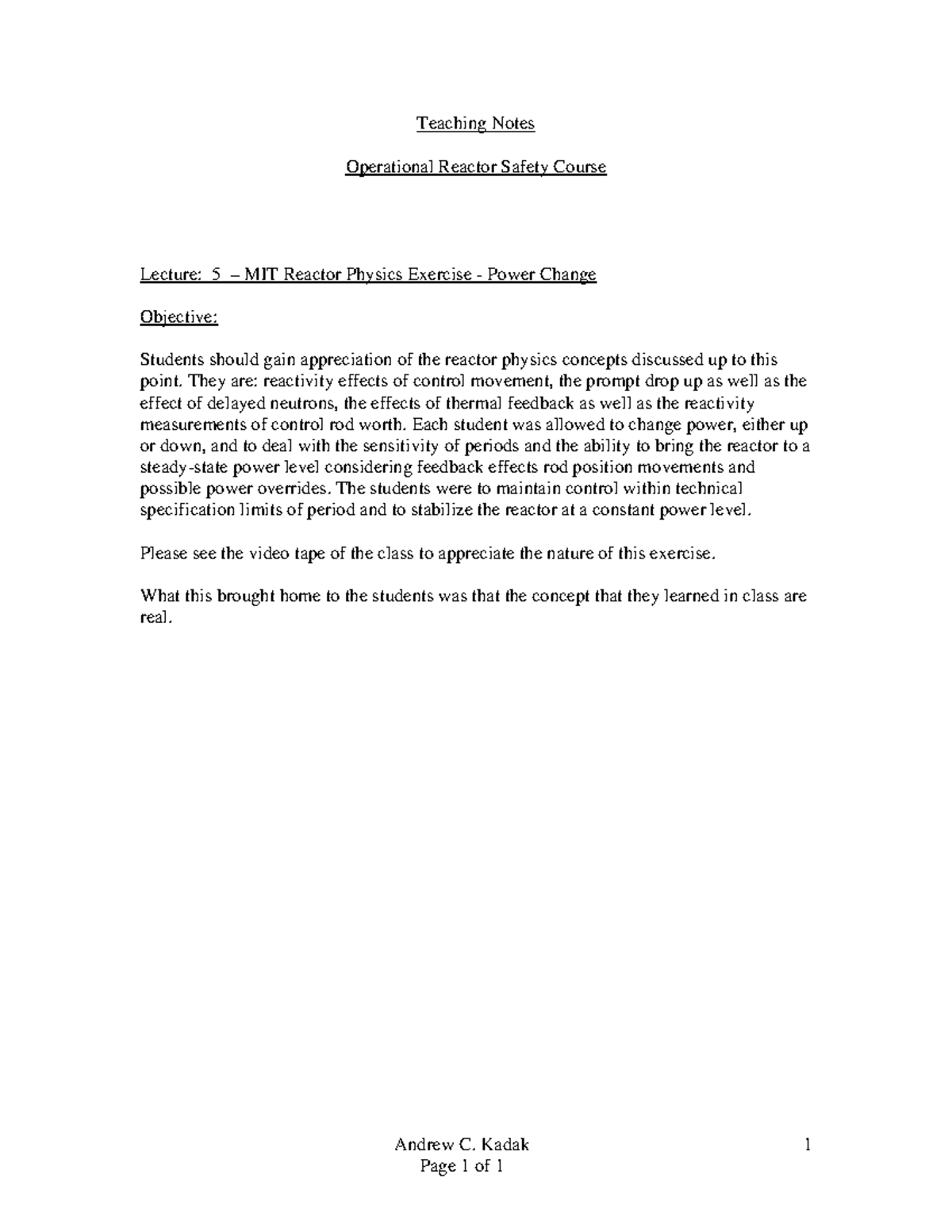 MIT 22.091S08 Lecture 5: Reactor Physics Power Change Exercise - Studocu