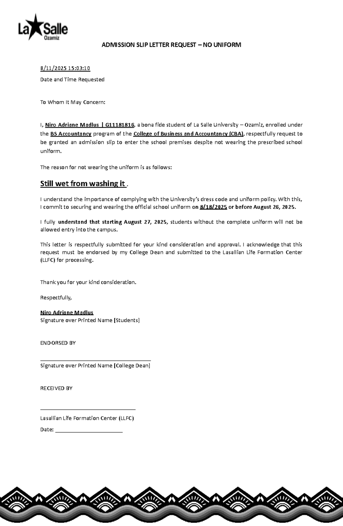 ADMISSION SLIP REQUEST - NO UNIFORM (BS ACC 15:03:10) - Studocu