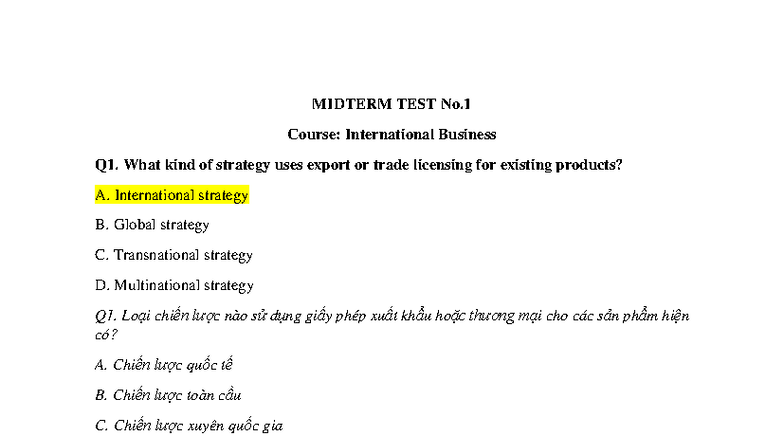 MIDTERM TEST No.1 - International Business (KDQT) - Studocu