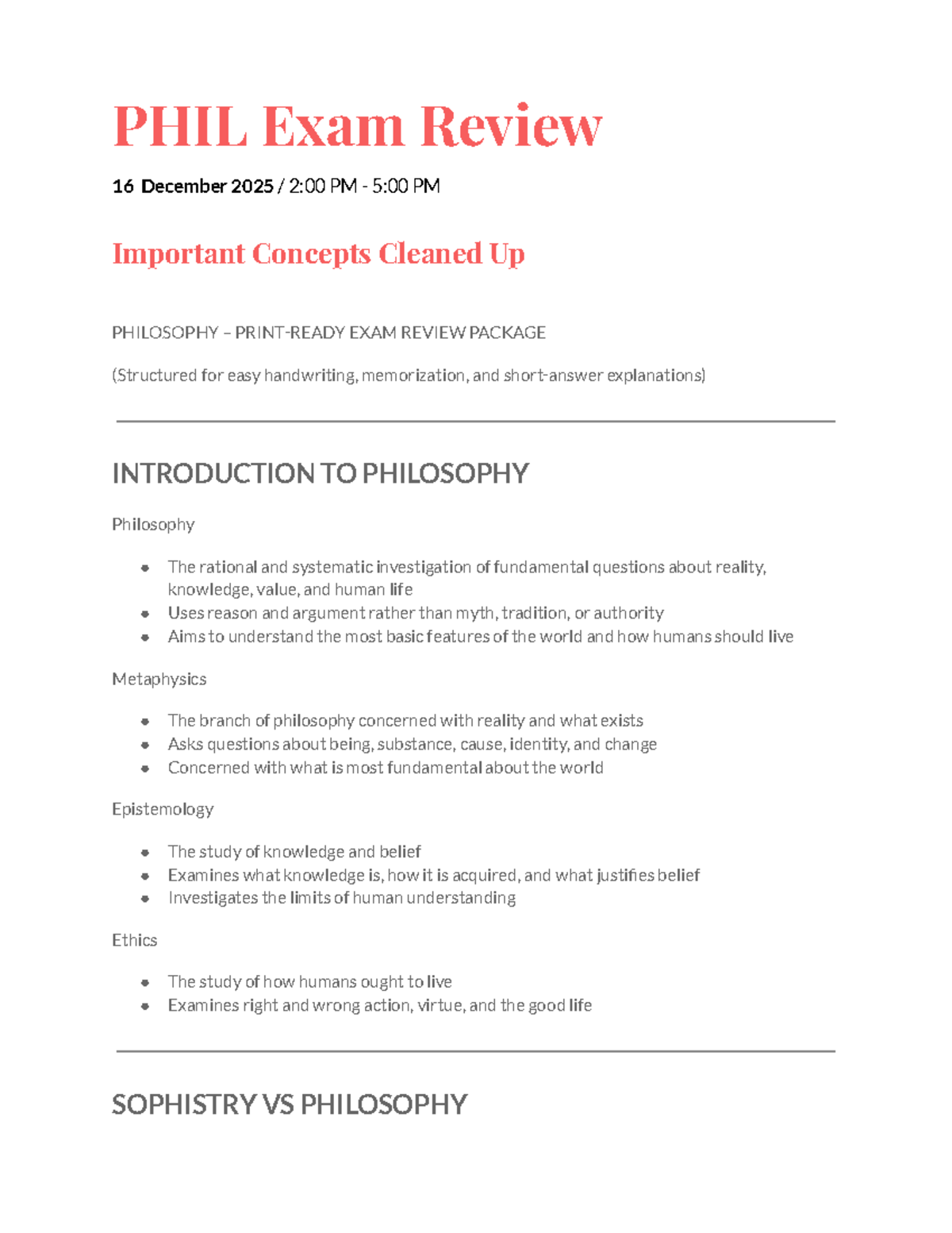 PHIL 101 Final Exam Review Package - Studocu