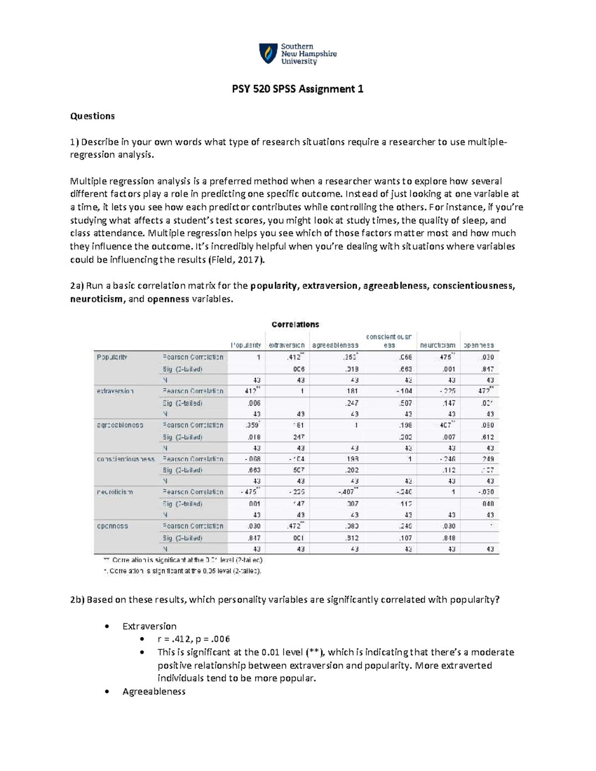 PSY 520 SPSS Assignment 1: Multiple Regression Analysis Insights - Studocu