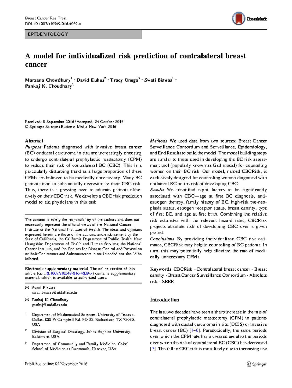 CBCRisk: Individualized CBC Risk Prediction Model for Breast Cancer ...
