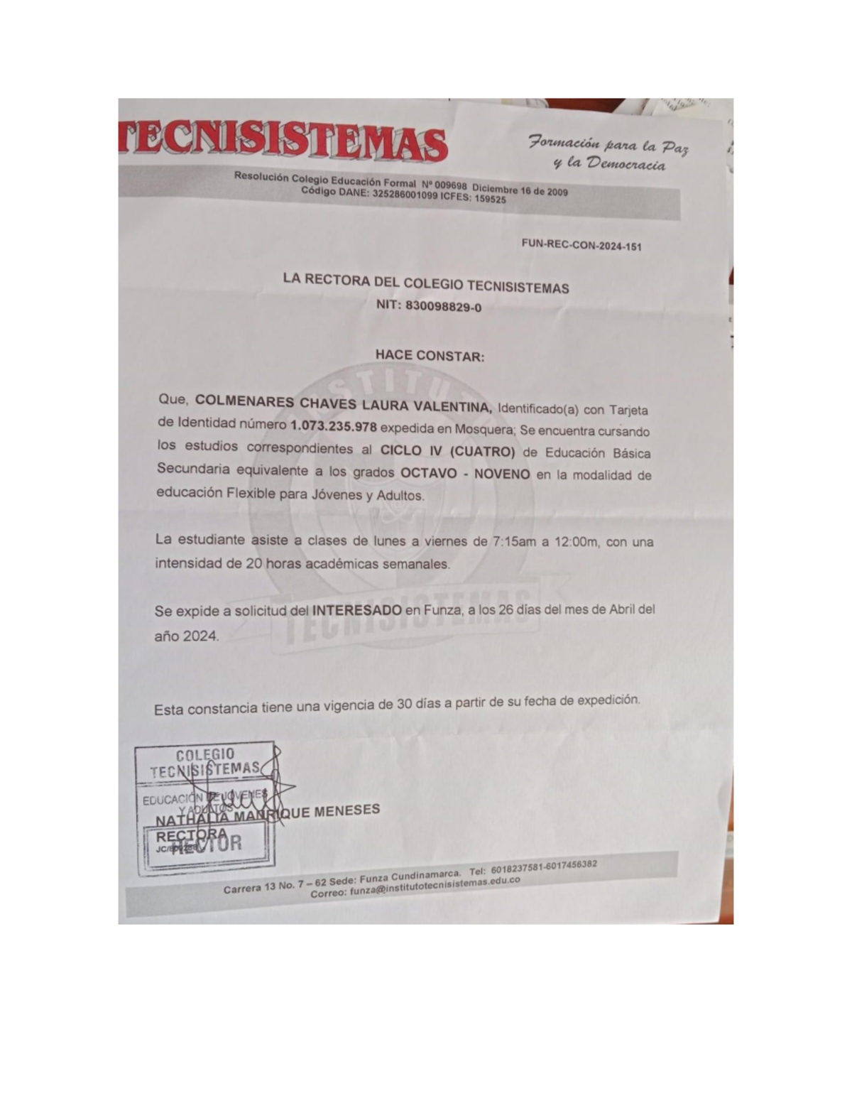 Certificado de Estudios Ciclo IV - Colmenares Chaves Valentina - Document Preview