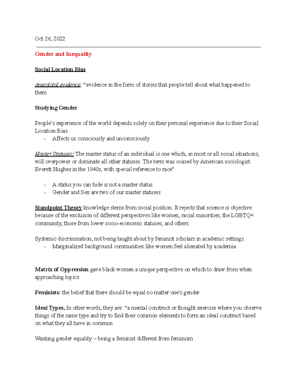 SOC100 Week 6 lecture notes on gender and inequality concepts - Studocu