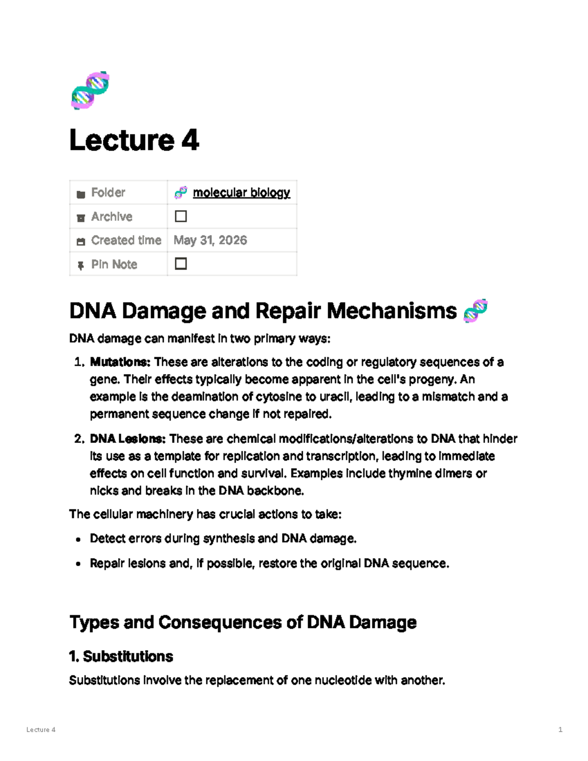 Lecture 4: DNA Damage and Repair Mechanisms in Molecular Biology - Studocu