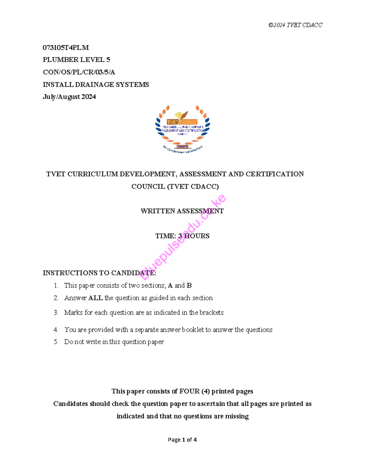 TVET CDACC 073105T4PLM Plumber Level 5 Install Drainage Systems Exam ...