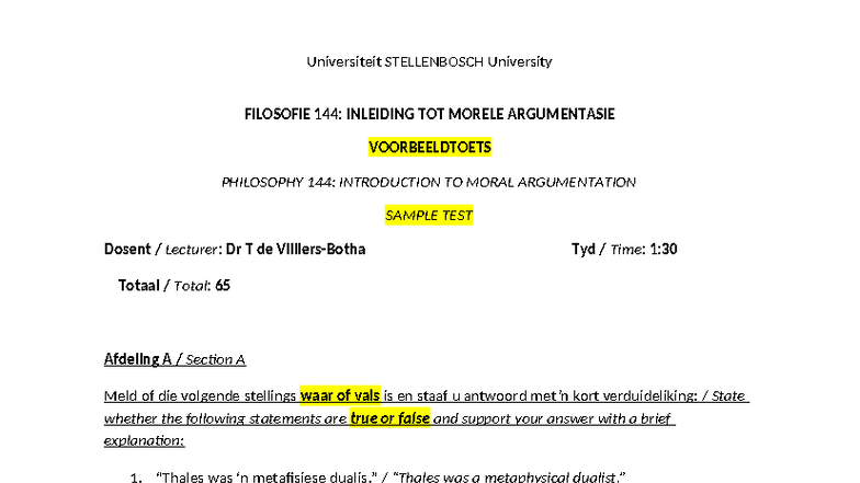 PHIL 144: Sample Test on Moral Argumentation and Metaphysics - Studocu
