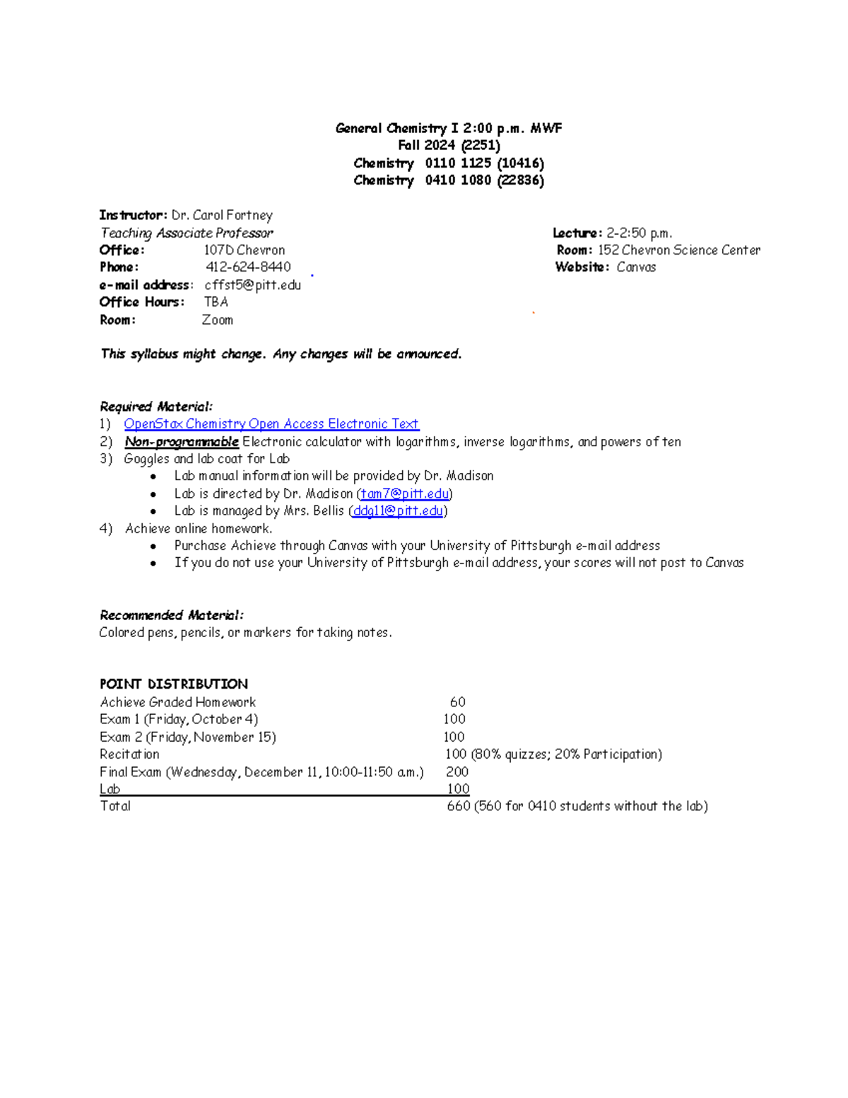 Chem 1 Syllabus Fall 2024 - General Chemistry I Overview and Policies ...